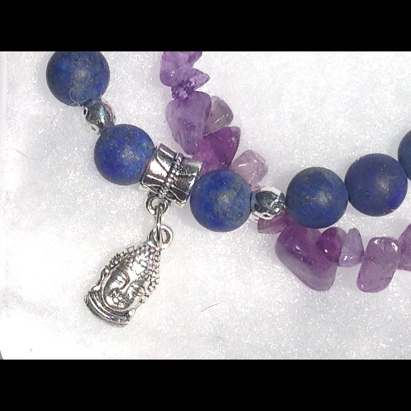 Lapis Lazuli Amethyst Sterling Buddha Bracelet - Picture 3 of 8